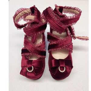 Silent Heels Burgundy Velvet Ruffle Lace Mary Jane Block Heels Gothic Lolita 38
